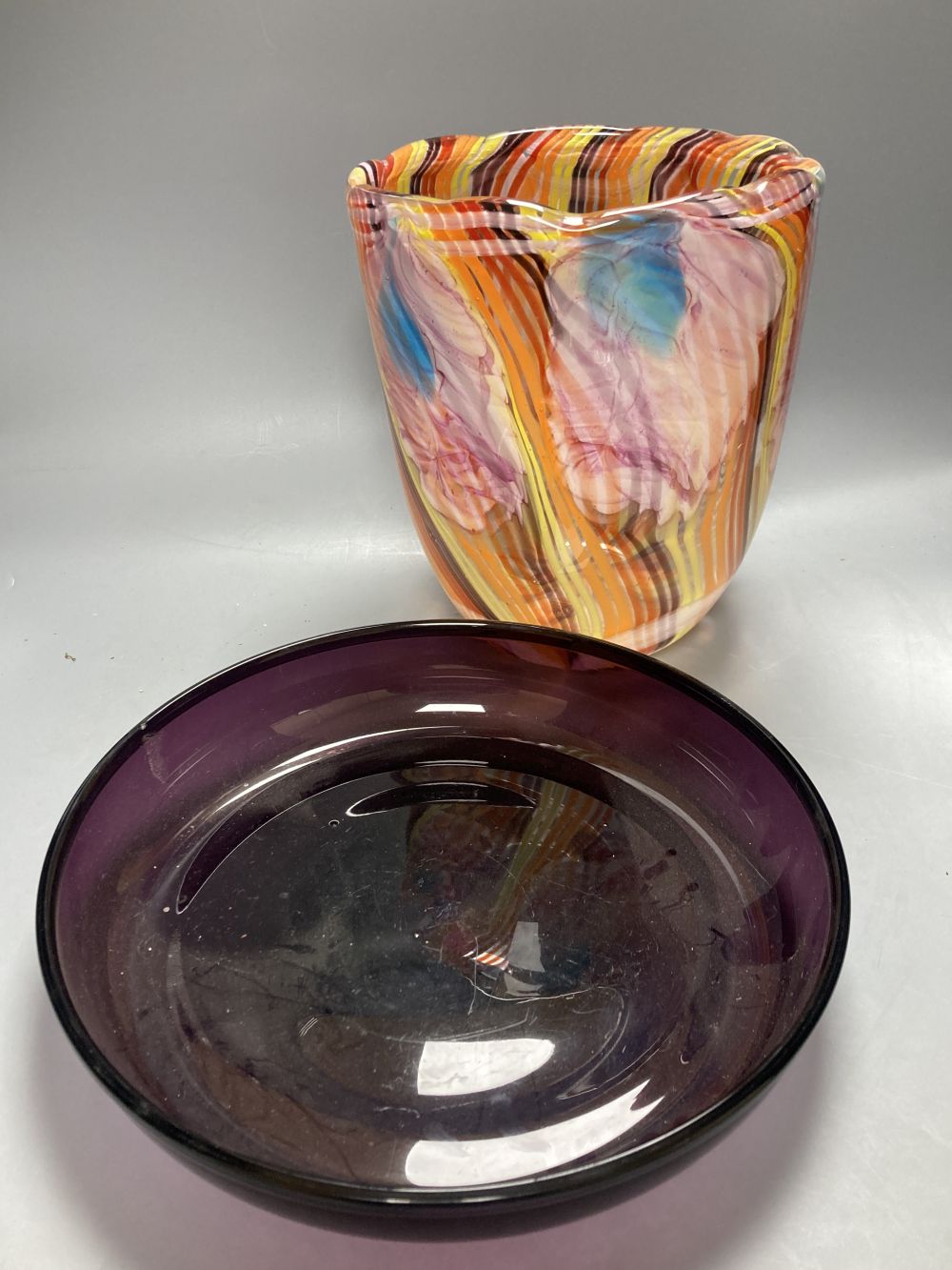 A Murano scrambled glass vase, height 25.5cm and an amethyst tinted shallow glass bowl, diameter 30cm